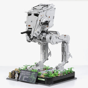 LEGO model of a Star Wars AT-ST Walker on a white background
