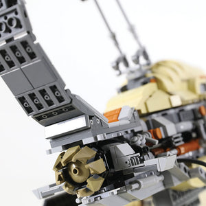 Rear view of Kintan Strider Speeder bike with close-up of engine thrusters built with LEGO® bricks showing mechanical engine parts on a white background.