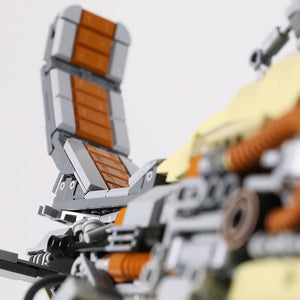 Close-up of Kintan Strider Speeder Bike seat build with LEGO® bricks and other engine details blurred out.
