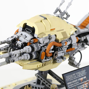 Close-up of the Kintan Strider Speeder bike and stand built with LEGO® bricks showing engine and other details on a white background.