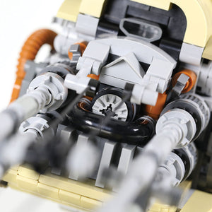 Close-up of a detailed mechanical parts of Kintan Strider Speeder Bike model made from LEGO® bricks.