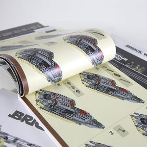 Open instruction manual flipped to a page showing steps and pieces required to build the Kintan Strider Speeder Bike with LEGO® bricks.