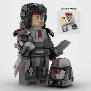 An alternate build of MOC-Hunter from the Bad Batch buildable figures series not wearing a helmet and showing printed Pieces of Hunter's face holding knives build with LEGO® bricks and an illustration of the LEGO® pieces with custom printing of the face needed to complete the build.