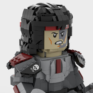 Close-up of MOC-Hunter's alternate face built with LEGO® bricks and custom printed pieces on LEGO® bricks.