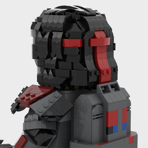 Rear view of MOC-Hunter's alternate build of the head showing his hair and headband built with LEGO® bricks.