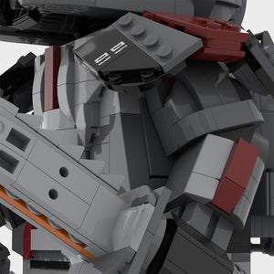 Close-up of MOC-Hunter's upper torso and knives built with LEGO® bricks.