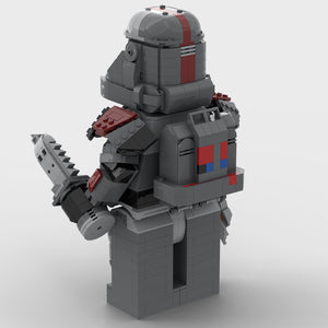 Rear view of MOC-Hunter from the Bad Batch buildable figures series facing left showing his backpacks and holding knives build with LEGO® bricks.