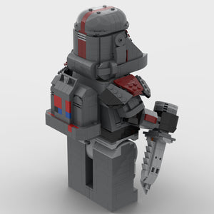 Rear view of MOC-Hunter from the Bad Batch buildable figures series facing right showing his backpacks and holding knives build with LEGO® bricks.