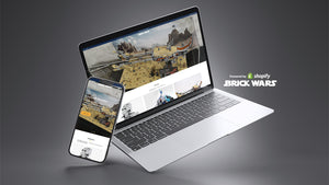 Brickwars homepage displayed on mobile and desktop screens with Powered by Shopify and BrickWars.net logo. 