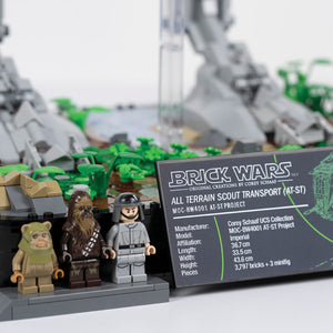 LEGO Star Wars set with minifigures and AT-ST vehicle, featuring a Brick Wars USC display sticker on a plaque. 