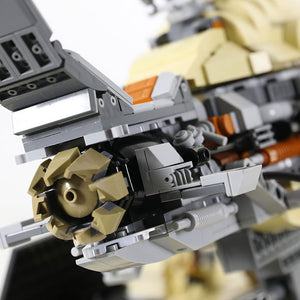 Close-up details of the Kintan Strider Speeder Bike engine built with LEGO® bricks showing mechanical components of speeder bike. 