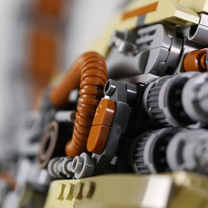 Close-up of the Kintan Strider Speeder Bike engines, built with LEGO® bricks on a blurred background. 