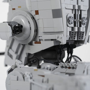 Close-up of AT-ST made from LEGO® bricks showcasing rear details such as hoses and engine parts. 