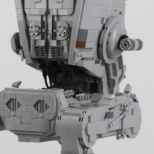 Close-up of a detailed view of the AT-ST made from LEGO® bricks on a white background.