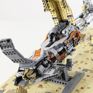 View of the Kintan Strider Speeder Bike with the engine hood open revealing details and other components. 