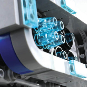 Close-up of engine thrusters with blue and black cylindrical components.
