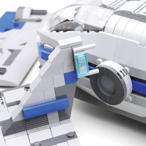 Close-up of a detailed transport ship made from LEGO® bricks on a white background.