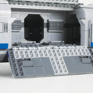 Close-up of a detailed model made from LEGO® bricks on a white background.