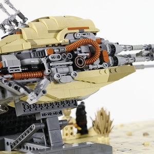 Right-side profile of the Kintan Strider Speeder Bike showcasing the engine details build with LEGO® bricks. 