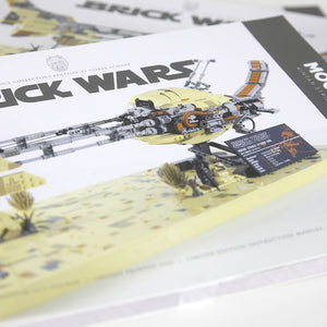 Cover shot of the instruction manual for MOC-BW3001 - The Kinan Strider Speeder Bike featuring a side profile view of the MOC with the Brick Wars branding. 
