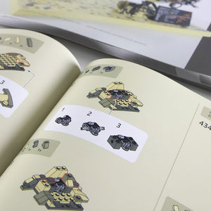 Open instruction manual of some of the steps illustrating the parts needed to build the Kintan Strider Speeder Bike. 