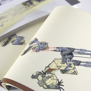 Open instruction manual flipped to a page showing steps and pieces required to build the Kintan Strider Speeder Bikes' front fins and how they attach with LEGO® bricks. 