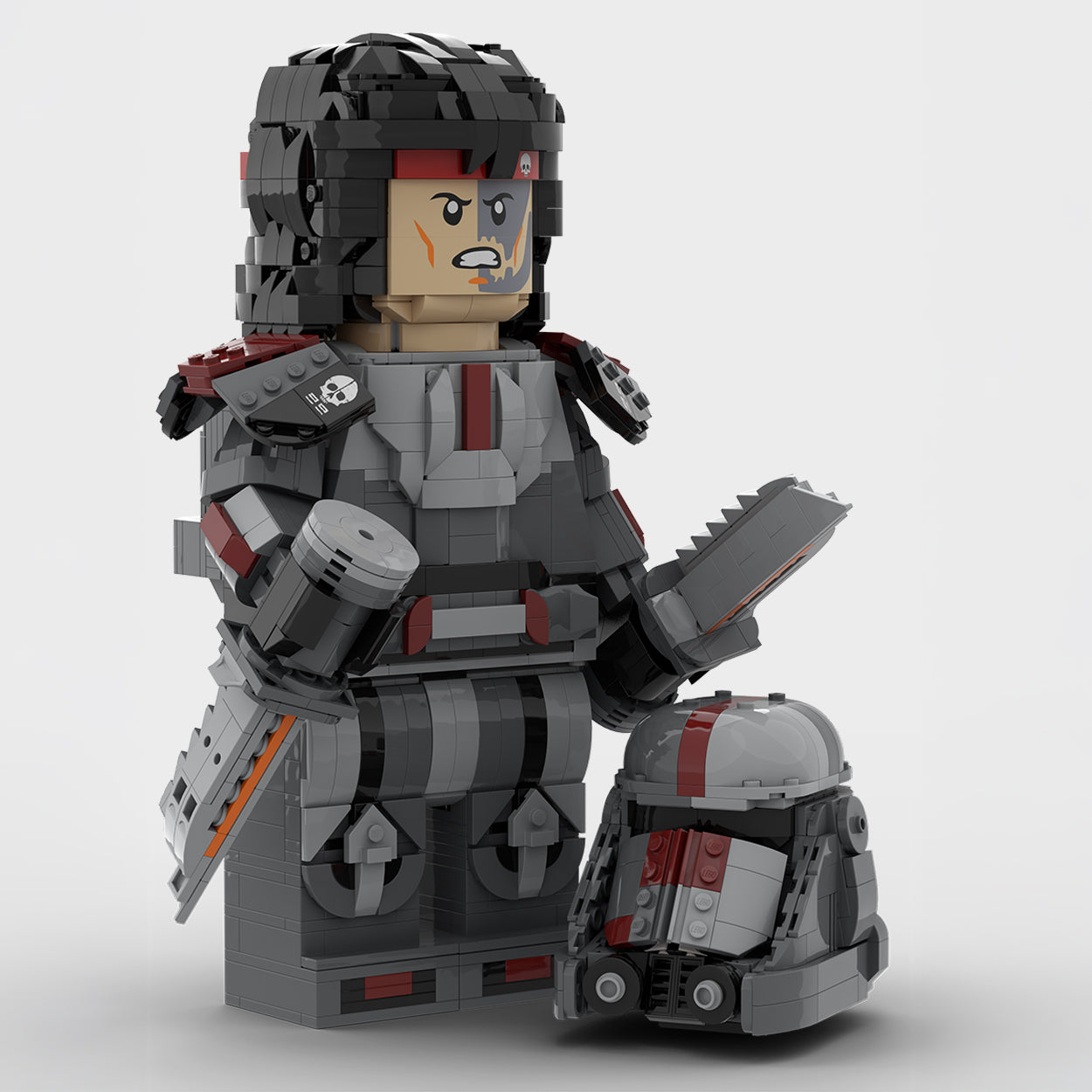 An alternate build of MOC-Hunter from the Bad Batch buildable figures series not wearing a helmet and showing printed Pieces of Hunter's face holding knives build with LEGO® bricks. 
