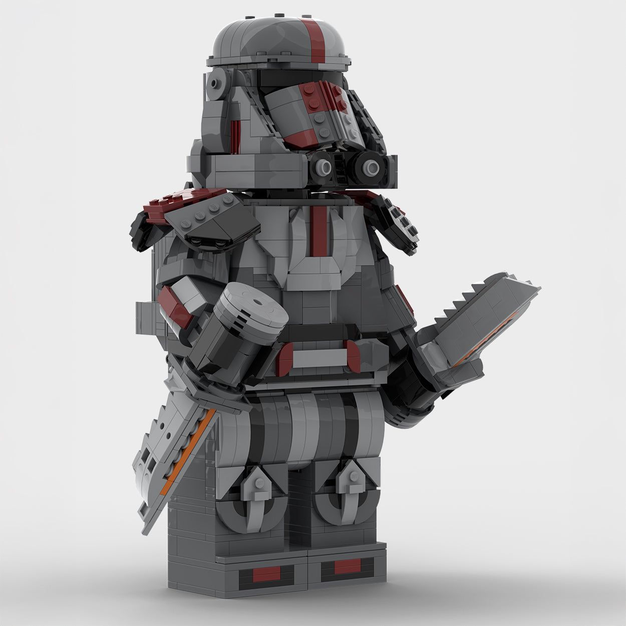 Front view of MOC-Hunter from the Bad Batch buildable figures series facing right and holding knives build with LEGO® bricks. 