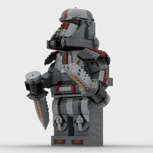 Front view of MOC-Hunter from the Bad Batch buildable figures series facing left and holding knives build with LEGO® bricks. 