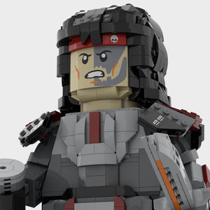 Close-up of MOC-Hunter's alternate face built with LEGO® bricks and custom printed pieces on LEGO® bricks. 