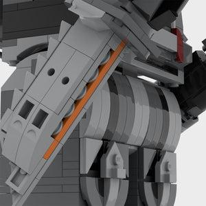 Close-up of MOC-Hunter's torso and knives built with LEGO® bricks. 