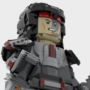 Close-up of MOC-Hunter's alternate face built with LEGO® bricks and custom printed pieces on LEGO® bricks. 