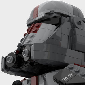 Extreme close-up of the front of MOC-Hunter's helmet built with LEGO® bricks. 