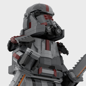 View of MOC-Hunter's helmet and close-ups of his knives looking from the ground upwards holding knives built with LEGO® bricks. 
